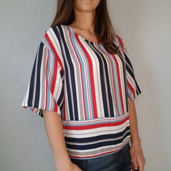W5 Anthropologie Red White Blue Tan Striped Blouse Women's Size Small - Picture 3 of 12
